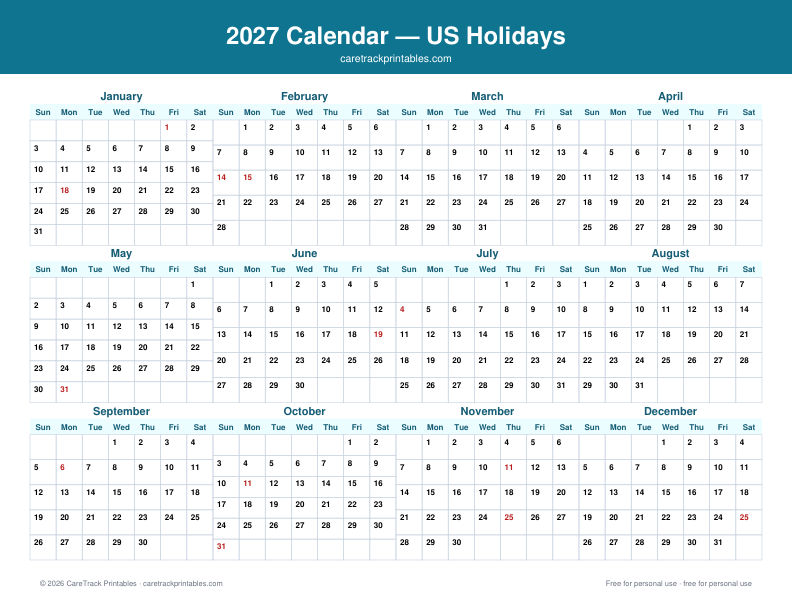 2027 Calendar With Federal Holidays