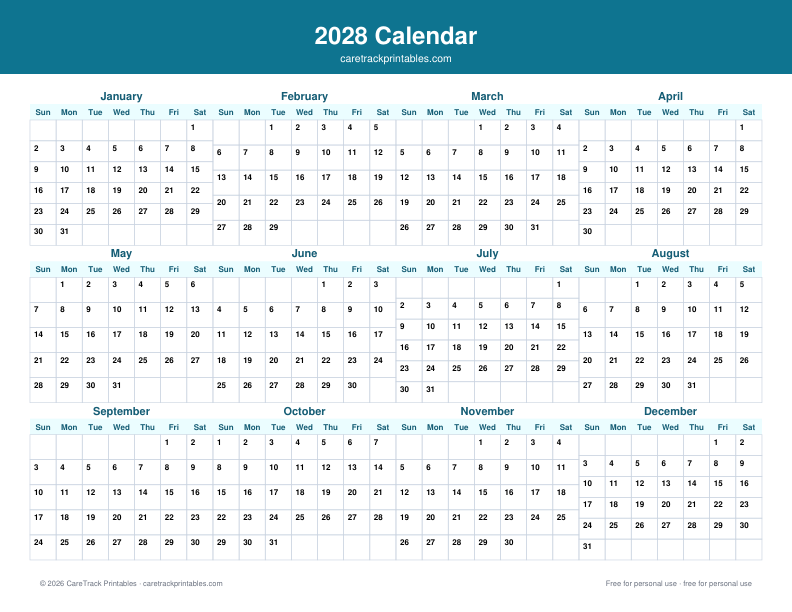 Free Printable Calendar 2028