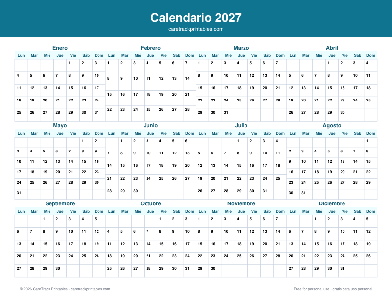 Calendario 2027 para Imprimir