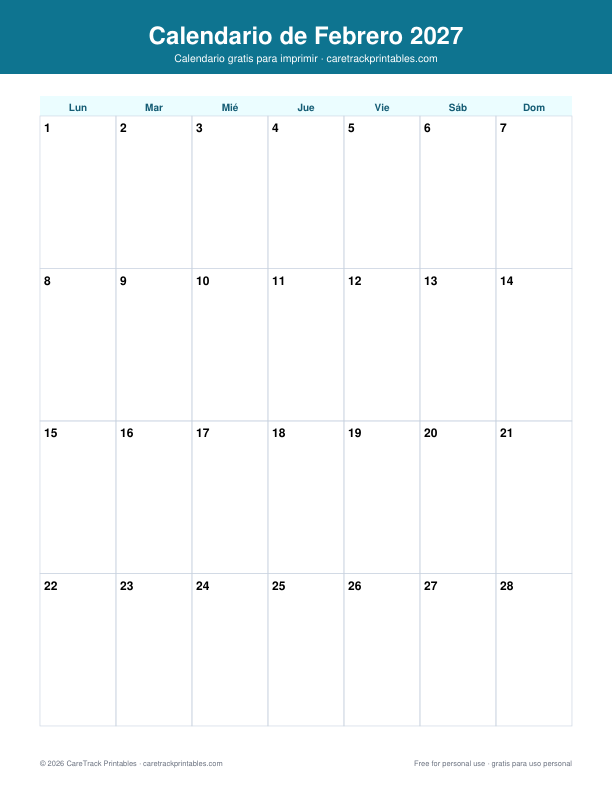 Calendario de Febrero 2027 para Imprimir