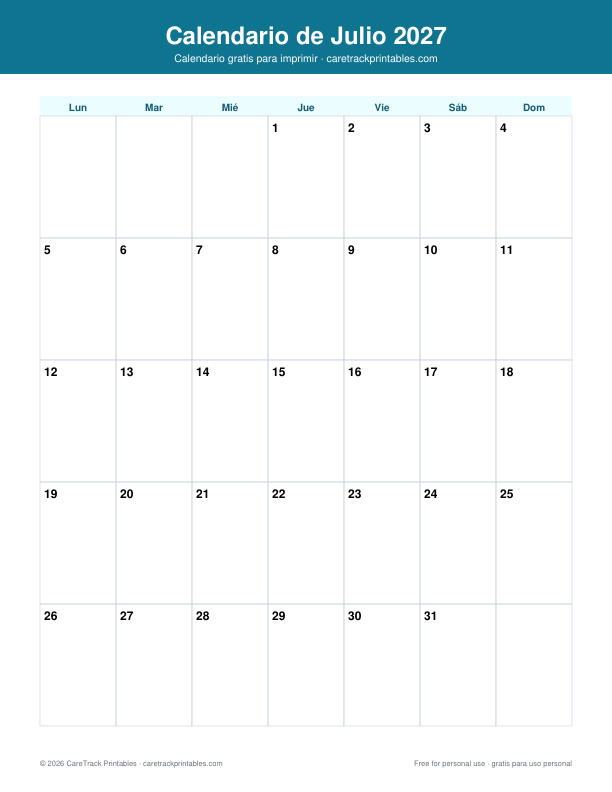 Calendario de Julio 2027 para Imprimir