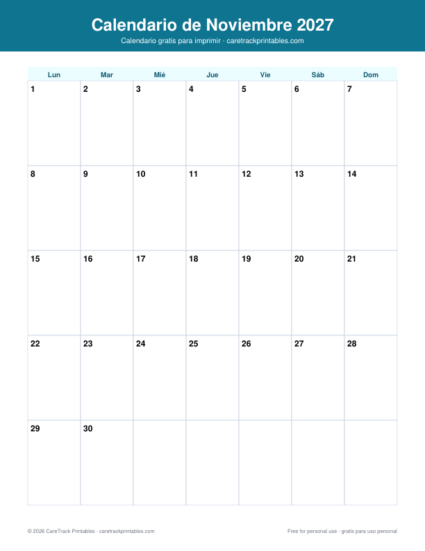 Calendario de Noviembre 2027 para Imprimir
