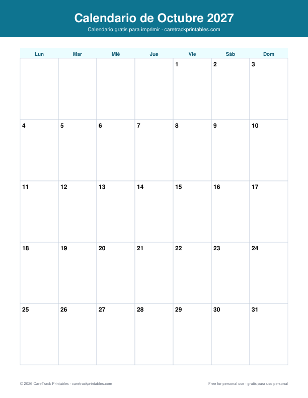 Calendario de Octubre 2027 para Imprimir