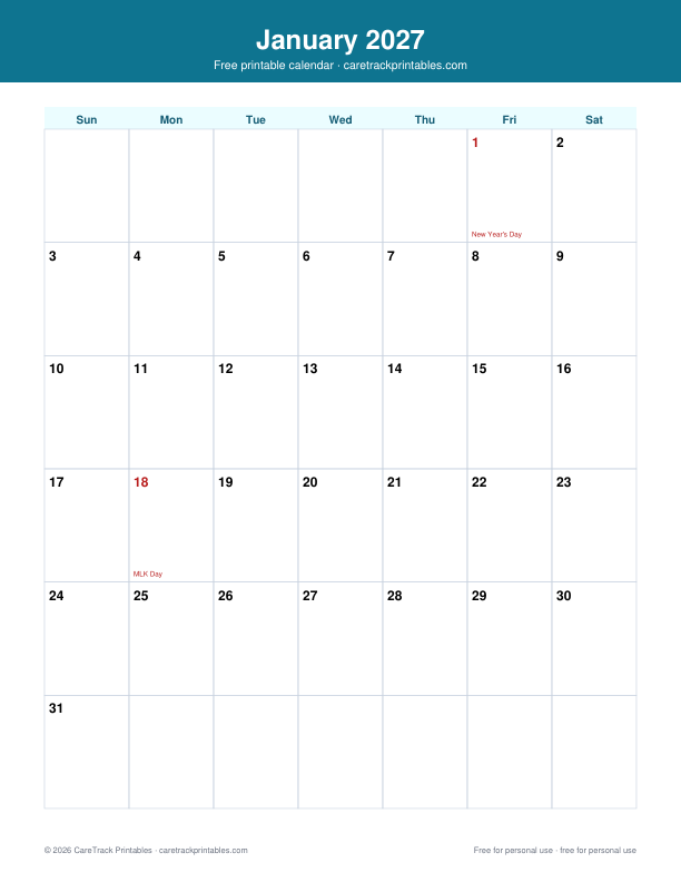 Free Printable January 2027 Calendar