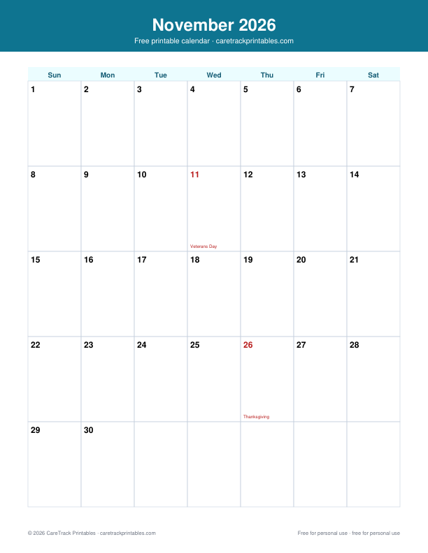 Free Printable November 2026 Calendar