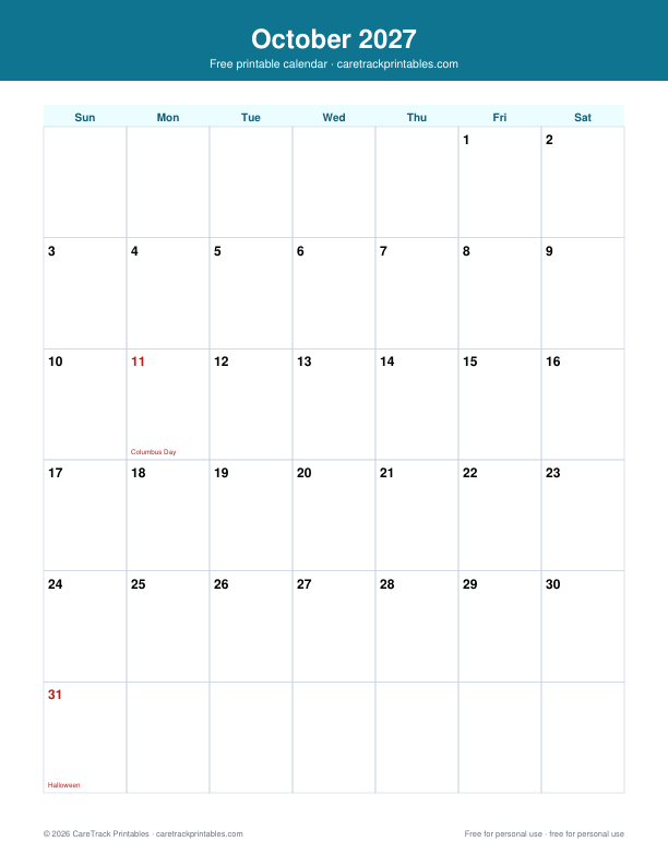Free Printable October 2027 Calendar